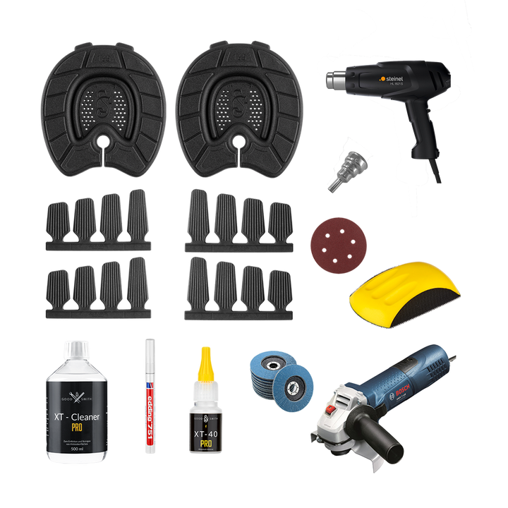 2x Grundplatten / 2x Laschen / 1x XT-Cleaner / 1x XT40 Sekundenkleber
1x Steinel Heißluftföhn 1820S (Einsteiger) / 1x Steinel Reduzierdüse 9mm
1x Handschleifblock / 1x Schleifpapier
1x Edding Lackstift / 1x Fächerschleifpapier / 1x Winkelschleifer