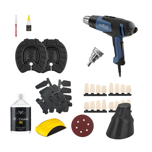 Workshop Set; Eding, Grundplatten, XT-Cleaner, Klebelaschen, Handschleifblock, Demohuf, Schleifpapier, Übungsklebelaschen, Heißluftgebläse, Reduzierdüse 